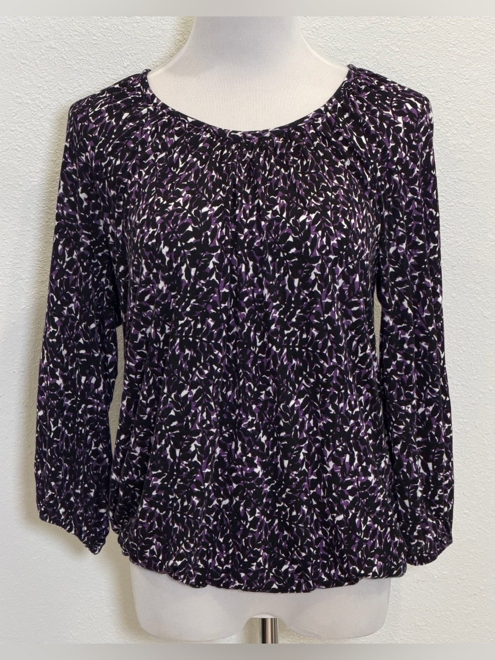Michael Michael Kors Floral Print Elastic Hem Blouse Top Medium Black Purple MK